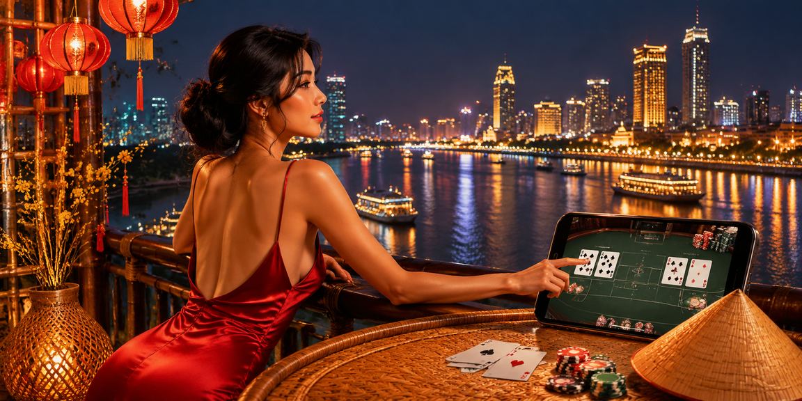 Bàn baccarat với chiếc nón lá – hình ảnh đặc trưng casino Việt Nam tại vùng Mekong