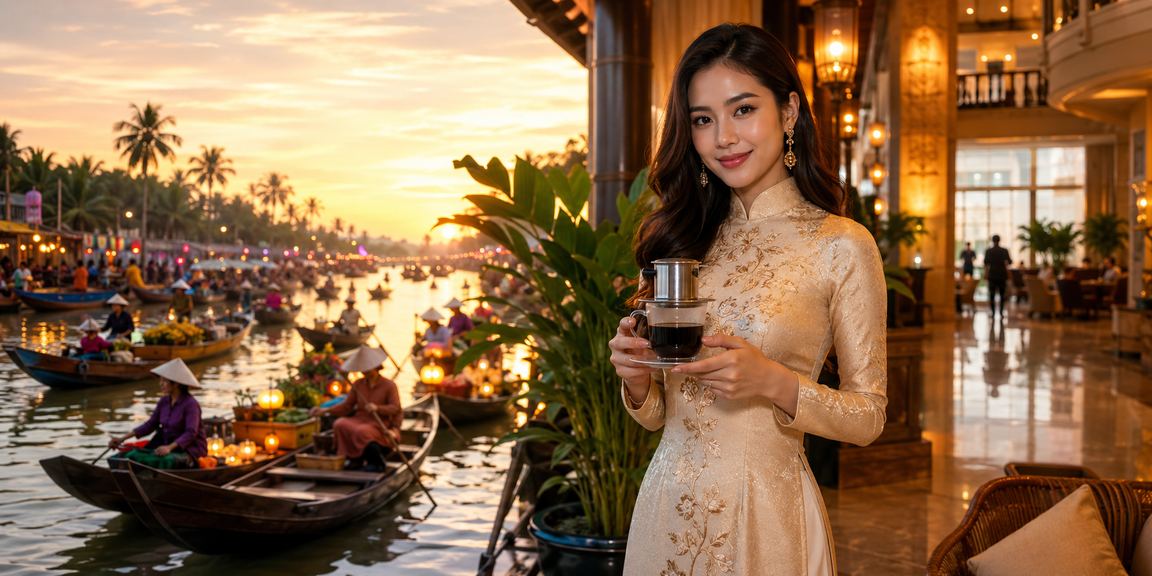 Người dùng truy cập 777loc trên điện thoại bên tách cà phê vùng Mekong